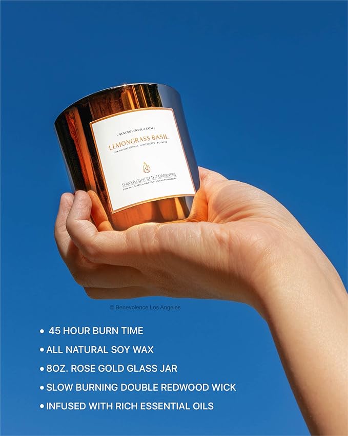 Benevolence LA Lemongrass & Basil Wood Wick Candles | Soy Scented Candles for Home | Gifts for Women and Men | Home Fragrance | Aromatherapy | Shelf Decor, Bathroom Freshener | 8oz, 45 Hour Burn