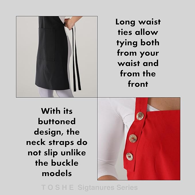 TOSHE Kitchen Apron Waterdrop Resistant Cotton Apron with adjustable Aprons for Women with Pockets 10 Color option Cooking Red Apron (Red)