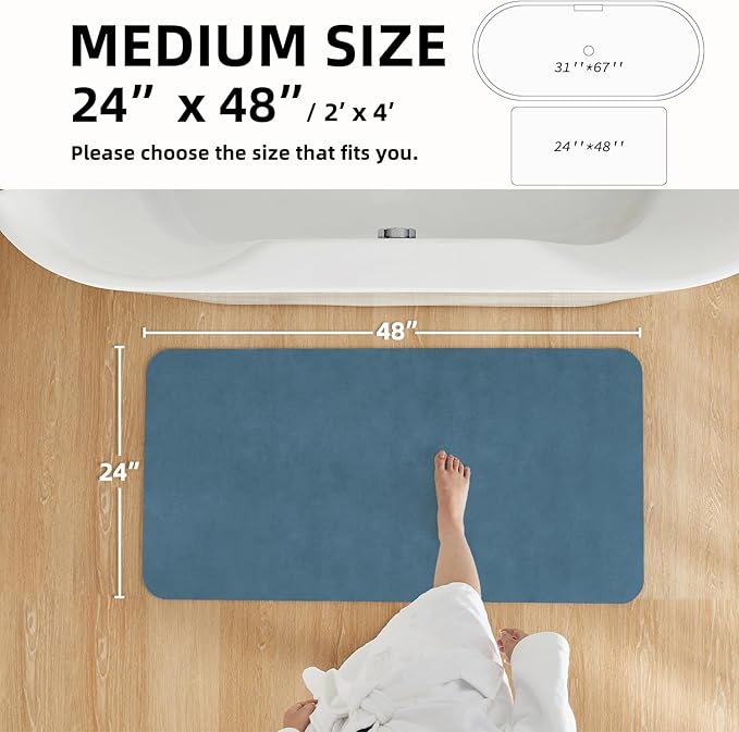 Bathroom Mat Quick Dry, Bathroom Rugs Non Slip Washable Thin Absorbent Bath Mat Fits Under Door Bathroom Floor Mat Perfect for Bath, Shower, or Sink 24"x48" Denim Blue