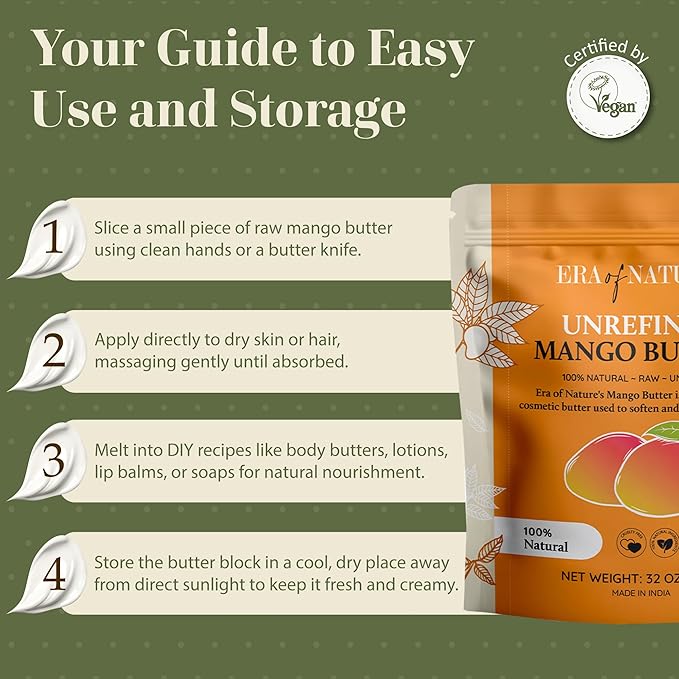 era of nature Organic Unrefined Raw Mango Body Butter Block 32oz - Moisturizing Mango Seed Raw Butter Bar for Skin & Hair, DIY Lip Balm Base, Cream, Soap & Lotion Making Supplies, Personal Skincare