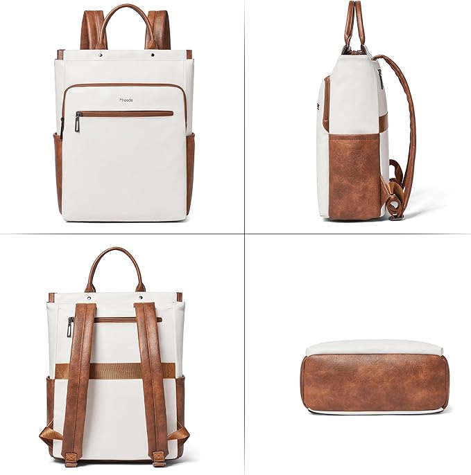 Leather Laptop Backpack for Women, Travel Backpack Purse Fits 15.6 Inch Laptop, Casual Daypack with Laptop Compartment for Teachers College Work Business Nurse Weekender, Beige Brown