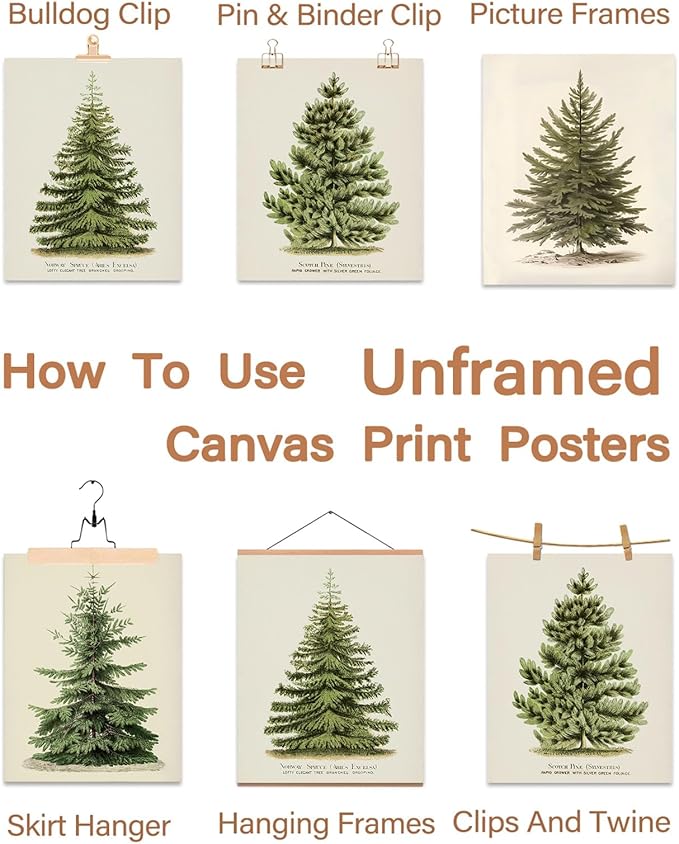 Vintage Christmas Tree Wall Art – Set of 4 Rustic Pine Tree Prints, Cozy Botanical Winter Holiday Decor, Unframed Christmas Wall Artwork for Festive Home Styling (8x10 Inch)