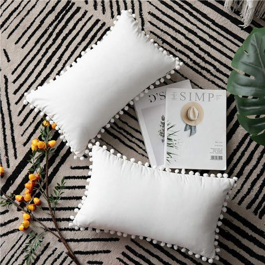 DEZENE Decorative Pillow Cases 12x20 Cream White: 2 Pack Cozy Soft Pom-poms Velvet Rectangular Throw Pillow Covers for Farmhouse Home Decor
