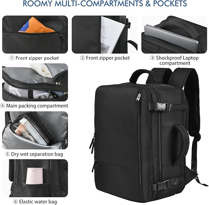 Beraliy Travel Backpack for Men Women, Large Carry On Backpack, Personal Item Bag Airline Approved, 17 inch Laptop Backpack, Business Work Gym Weekender Bag, Black