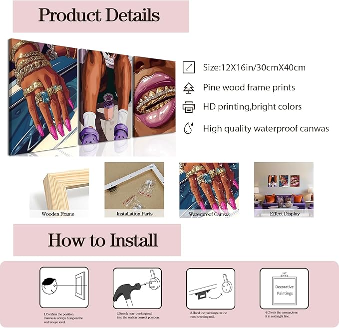 Black Girl Canvas Wall Art Set of 3, Fashion African American Woman Wall Decor Paintings, Abstract Black Women Pictures Prints for Girly Bedroom Living Room Dorm 12x16 inch Framed