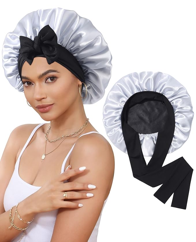 Satin Bonnet Silk Bonnet for Sleeping Silk Sleep Cap Double Layer Hair Bonnet with Elastic Tie Band for Curly Hair Night Cap(Black+Silver Gray)