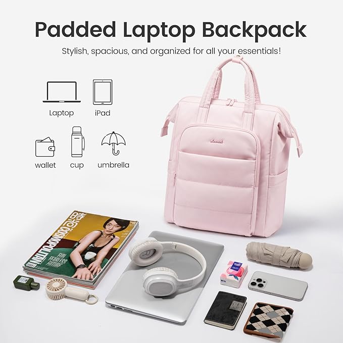 LOVEVOOK Laptop Backpack Women 15.6 inch,Lightweight Puffer Travel Backpacks for Women,Quilted Laptop Bag Computer Work Teacher Nurse Backpack,Womens Backpack Purse Daypack for College Business,Pink