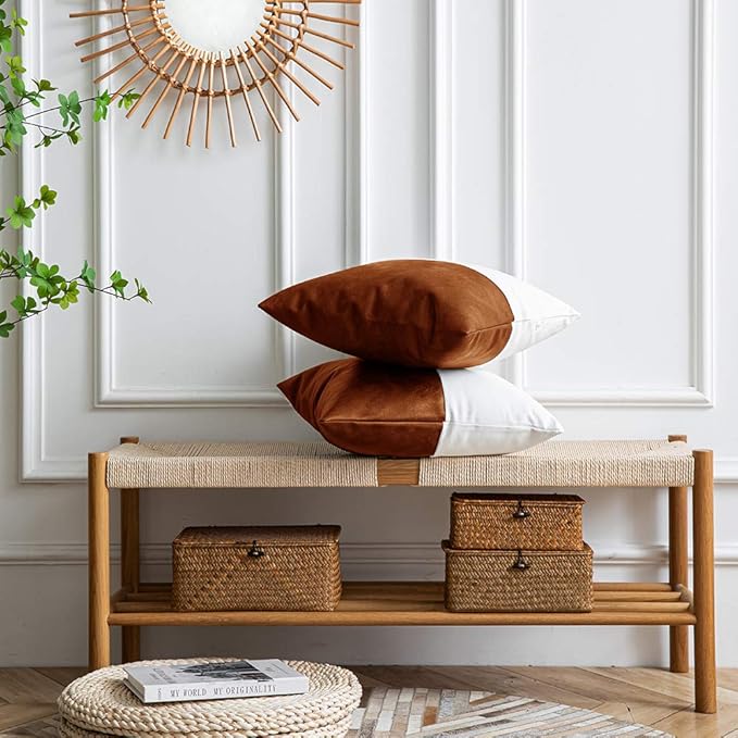 DEZENE Leather Throw Pillow Covers, Set of 2 Modern Leather/Cotton Decorative Pillowcases for Home Decor Bedroom Living Room Couch Bed Sofa, 20x20 Inch, Cognac-Brown and White