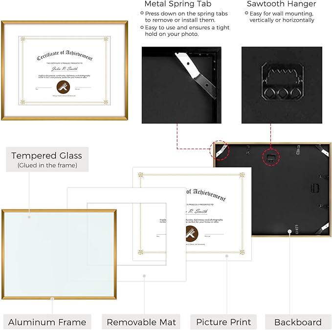 Golden State Art 14x11 Picture Frame 3 Pack - Aluminum Frames with 8.5x11 Removable Mats & Real Glass, Display 11x14 Photos or 8.5x11 Certificates - Bronze Gallery Wall Frames for Home Office Decor