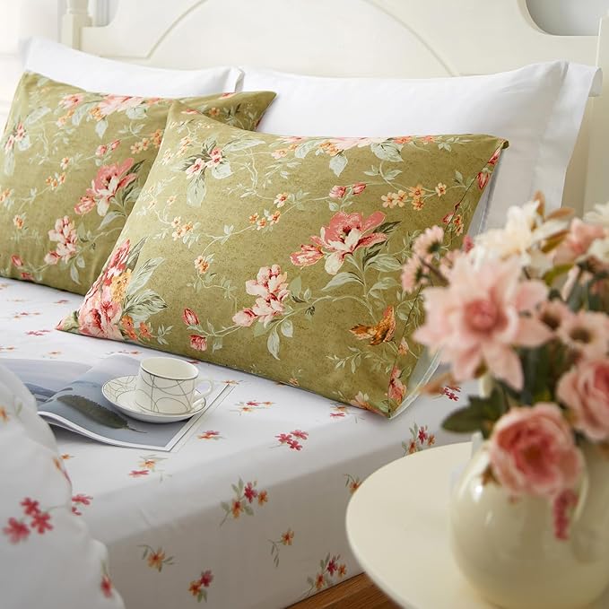 mixinni Duvet Cover Full Size, Long Staple Cotton Reversible Green Floral Duvet Cover Set with Zipper Ties, 3 Pieces Botanical Pink Flowers and Green Branches Patterns Bedding Set