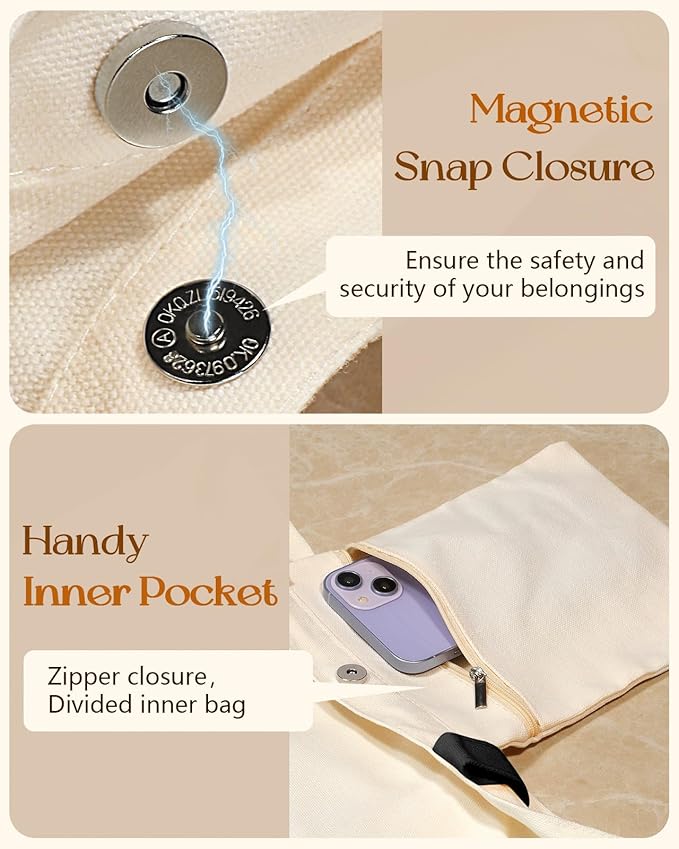 Aesthetic Tote Bag for Girls - with Magnetic Buckle and Zipper Inner Pocket for Women Lady Canvas Cotton Tote Bag