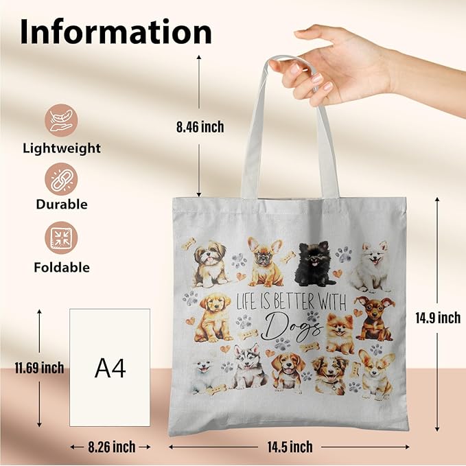 Dog Mom Canvas Tote Bags - Reusable Grocery Bags for Shopping, Funny Dog Lover Gifts for Women