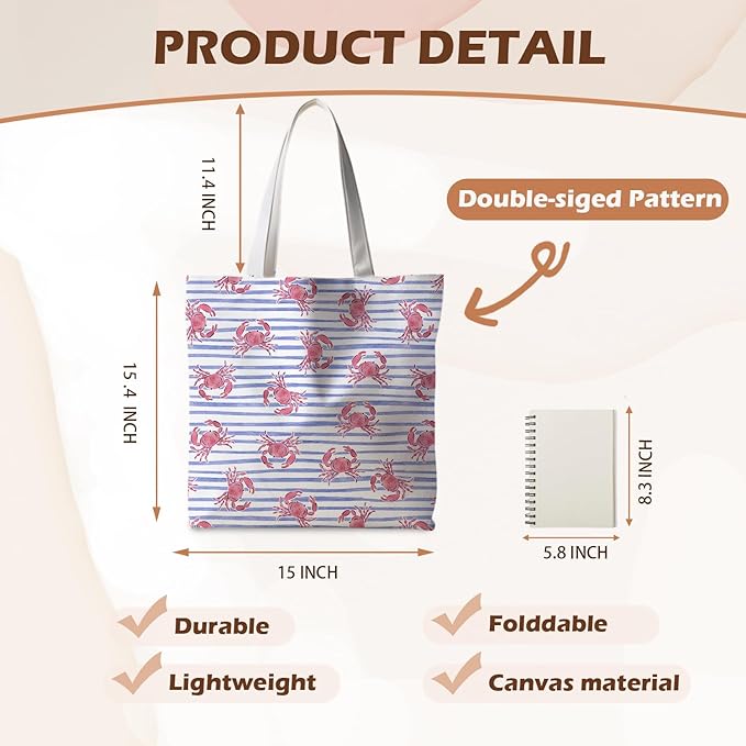 Beach Crab Tote Bag, Summer CrabsTote Bag for Women, Summer Crab Reusable Grocery Bags Shopping Bags