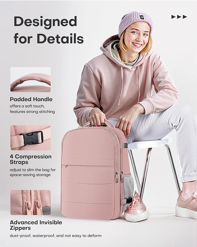 HOTOR Travel Backpack - Flight Approved Travel Bag for Men and Women, Carry on Luggage for 15.6" Laptop and Travel Essentials for Work, Business, Weekender, College 11.8"x7.9"x17.3" (Pink)