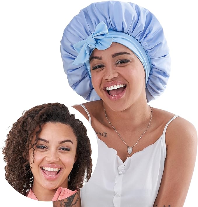 Silk Satin Bonnet Hair Wrap for Sleeping Women, Adjustable Tie Band Double Layer Sleep Night Head Cover for Curly Braid Fine