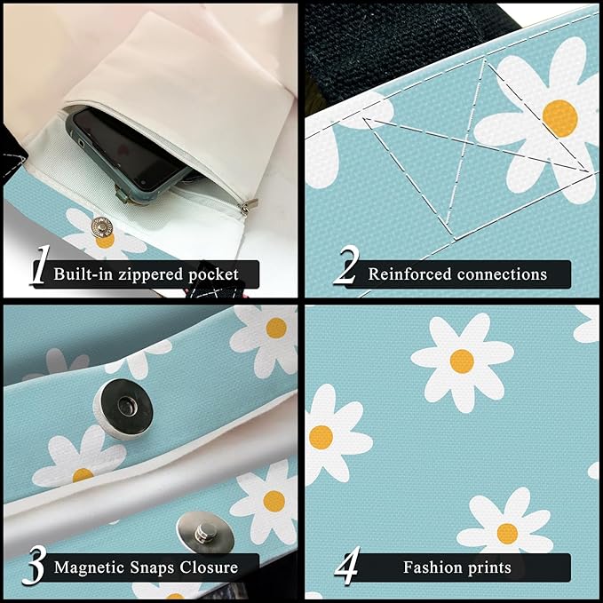 Canvas Tote Bag for Women，Cute Heavy-Duty Shoulder Bag with Zipper Pocket -Travel Tote for Grocery, Gym,Shopping