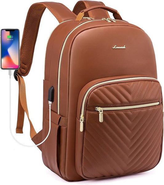 LOVEVOOK Laptop Backpack for Women, Faux PU Leather Quilted Backpack Purse, Business Computer Travel Work Bags, Nurse Backpack for Work, Fits 17-Inch Laptop, Brown