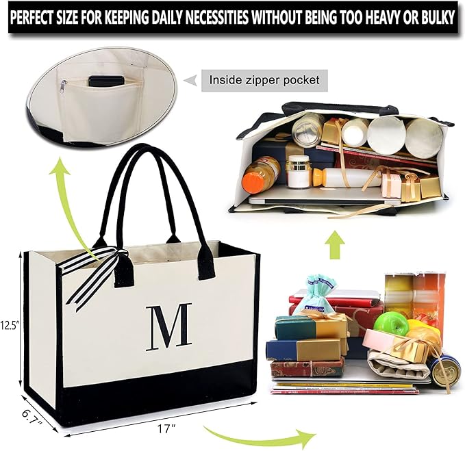 BeeGreen Embroidery Monogram Initial Tote Bag for Women Teacher Mom Friend Personalized Gift for Birthday Beach Work Wedding