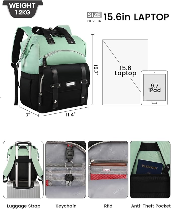 FALANKO Laptop Backpack for Women,College Work Teacher backpack for 15.6 Inch laptop with USB Charging Port,Travel Anti Theft Laptops Backpack RFID Anti Theft, Shoulder Purse Bags Green Black