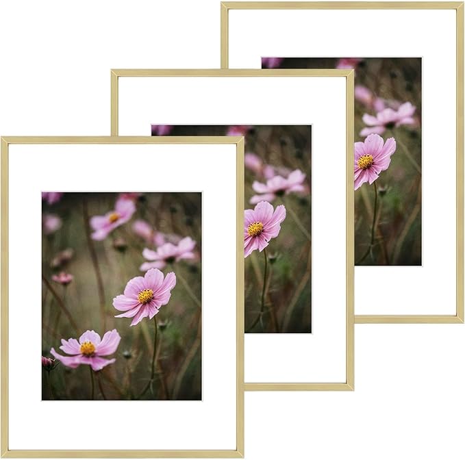Golden State Art 12x16 Picture Frame 3 Pack - Aluminum Frames with 8.5x11 Removable Mats & Real Glass, Display 12x16 Posters or 8.5x11 Photos - Gold Gallery Wall Frames for Home Office Decor