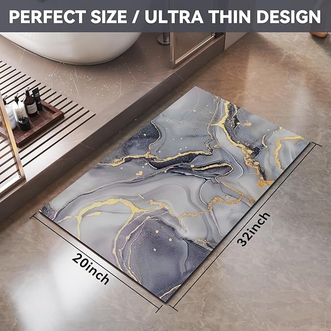 Non Slip Bath Mat Ultra Thin Bathroom Rug Fit Under Door, Rubber Backing Quick Dry Super Absorbent Washable Shower Bath Mats Grey 20x32