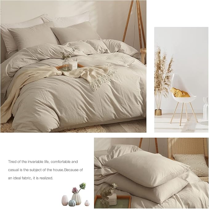 AMWAN Modern Soft Beige Duvet Cover Twin Washed Cotton Boho 3 Piece Simple Style Bedding Set 1 Cotton Comforter Cover with 2 Pillow Shams, No Comforter
