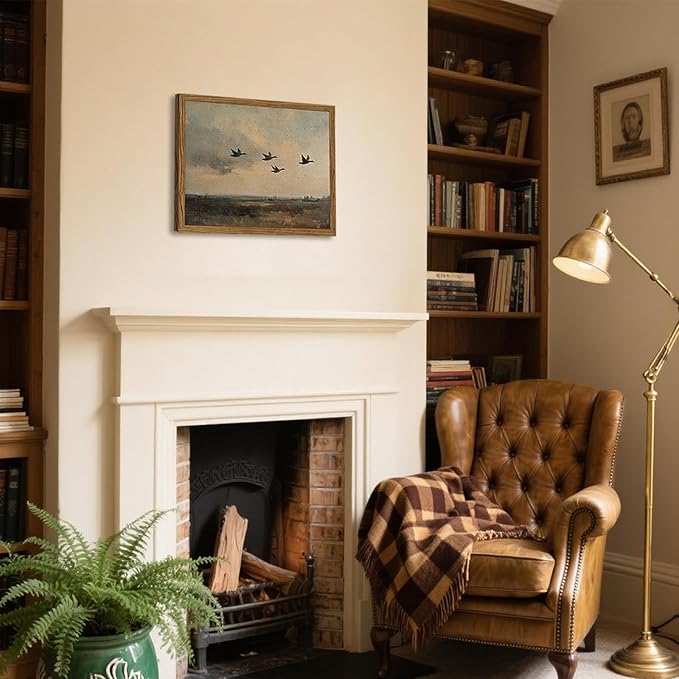 Vintage Flying Duck Wall Art, Rustic Landscape Wall Decor Retro Bird Painting Nature Wilderness 3D Textured Hand Drawn Sandstone Artwork Aesthetics for Bedroom Living Room 16x24 inch Wood Framed