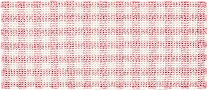 Waffle Runner Rug Bathroom, Long Boho Bathroom Rugs Non Slip Washable Absorbent Checkered Bathroom Mat Quick Dry Cute Bath Mat, 72"x24" Pink and White