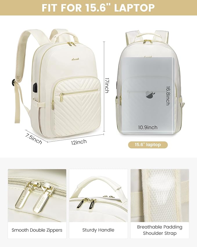 LOVEVOOK Laptop Backpack Purse for Women, Work Travel Computer Bags, College School Backpack for Student Girl, Quilted Casual Daypack with USB Port, Fit 15.6 Inch Laptop, Beige White