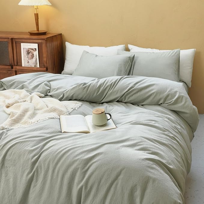 FOSSA Duvet Cover Set 100% Washed Cotton Linen Feel Super Soft Breathable Cozy 3 Pieces Bedding Sets Solid Sage Green Twin