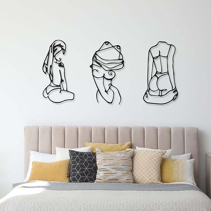 3 Pcs Metal Wall Art Decor Minimalist Abstract Woman Wall Art Metal Modern Line Drawing Decor Female Single Line Home Hanging for Bedroom Kitchen Bathroom Living Room(Lively)