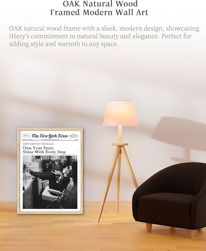 iHery Natural OAK Wood Audrey Hepburn Framed Wall Art, 12x16 in Own Your Story Shine With Every Step Canvas Wall Decor, Modern Trendy Newspaper Bedroom Decor, Set of 1 For Bathroom Living Room