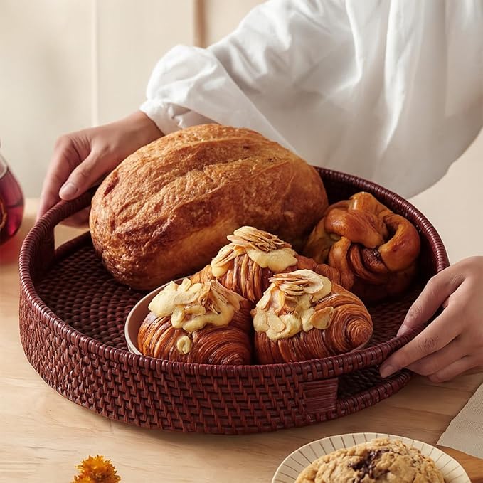 JUNGLE CULTURE Large Rattan Serving Tray 14" in Brown • Round Table Basket • Wicker Ottoman Trays with Handles for Coffee Table, Bed Side or Couch • Flat Circle Woven Tray • Boho Farmhouse Decor