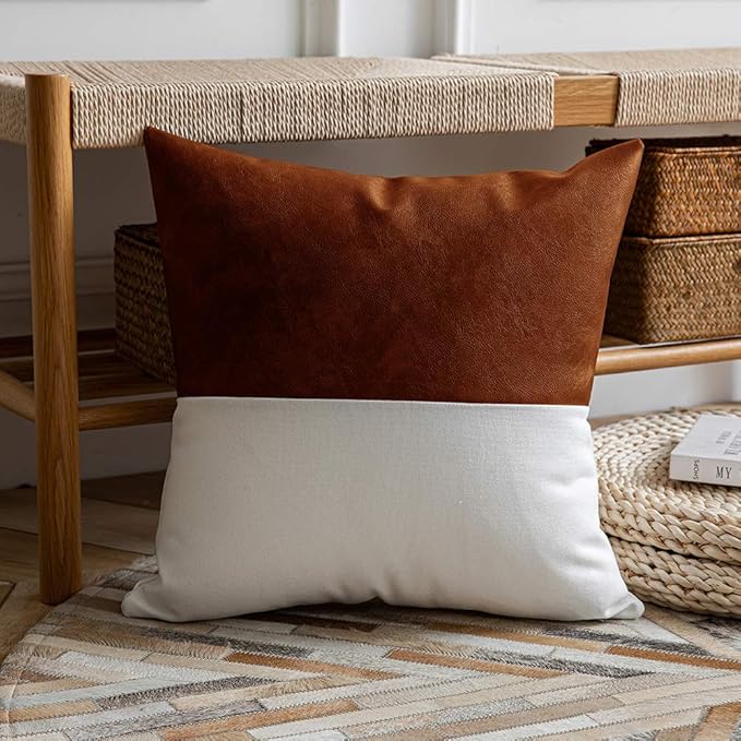 DEZENE Leather Throw Pillow Covers, Set of 2 Modern Leather/Cotton Decorative Pillowcases for Home Decor Bedroom Living Room Couch Bed Sofa, 18x18 Inch, Cognac-Brown and White