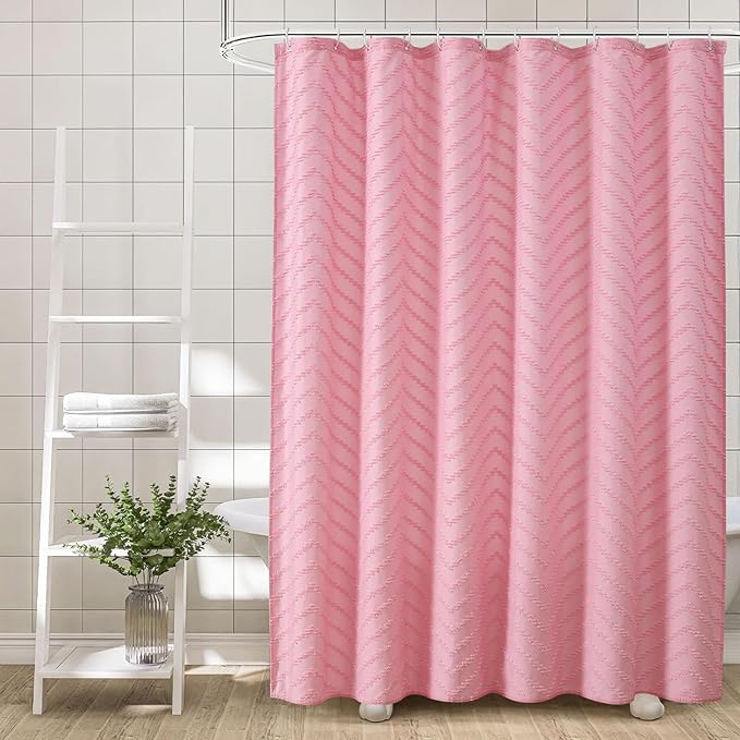 Pink Boho Shower Curtain Pretty Cute Shower Curtain Tufted Chervon Textured Modern Minimalist Striped Shower Curtains Pink, 72 x 72