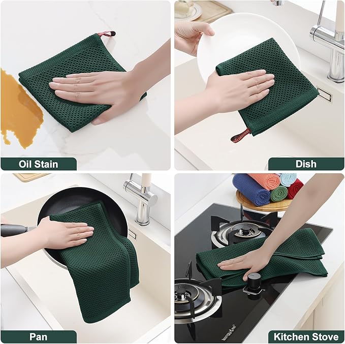 Homaxy 100% Cotton Kitchen Towels and Dishcloths Set, 12 x 12 Inches and 13 x 28 Inches, Set of 10 Bulk Kitchen Towels Set, Ultra Soft Absorbent Dish Cloths for Washing Dishes, Blackish Green