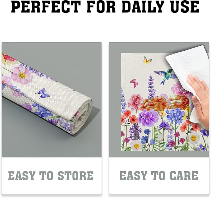 Giwawa Hummingbird Flower Placemats Set of 4, 12"x18" Watercolor Spring Herb Floral Table Mats, Wildflower Botanical Stain Resistant Washable Linen Place Mat for Kitchen Dining Party Decor