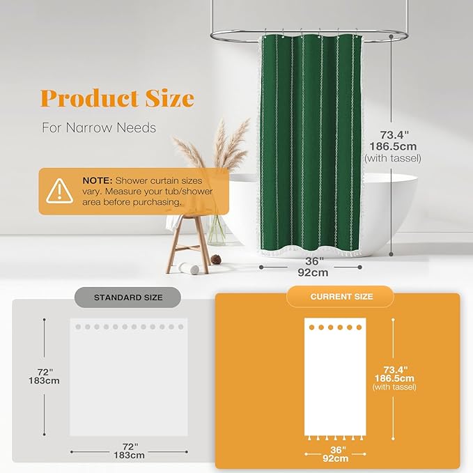 BTTN Boho Shower Stall Curtain - 36x72 Narrow Linen Thick Striped Tassel Fabric Shower Curtain Set with 6 Hooks, Modern Farmhouse Cottage Decorative Cloth Shower Curtains for Bathroom - Emerald Green