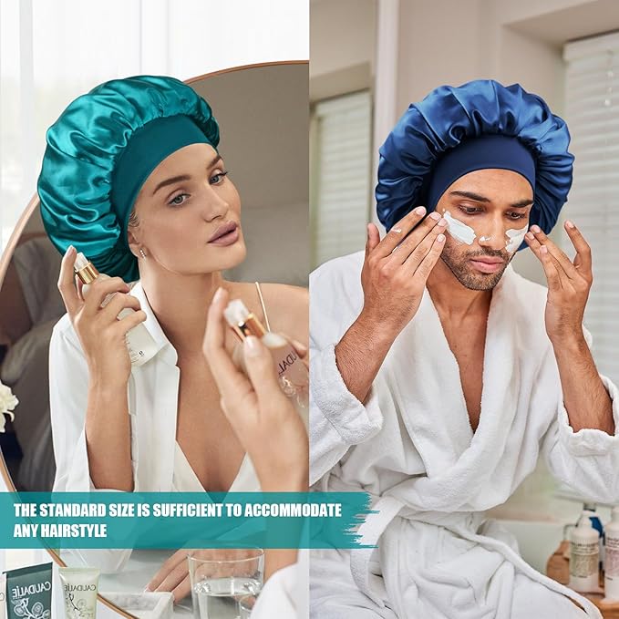 Satin Silk Bonnet for Sleeping, Double Layer Silk Sleep Cap for Men & Women, Soft Satin Lined Bonnet for Natural & Curly Hair(Blue Zircon)