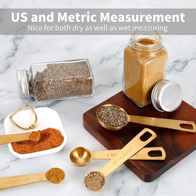 Measuring Spoons,304 Stainless Steel Measuring Cups & Spoon Set of 7 Piece:1Tbsp&1/2Tbsp,1tsp,3/4tsp,1/2tsp,1/4tsp,1/8tsp Teaspoon Coffee Scoop Tablespoon for Dry and Liquid Ingredients,Gold