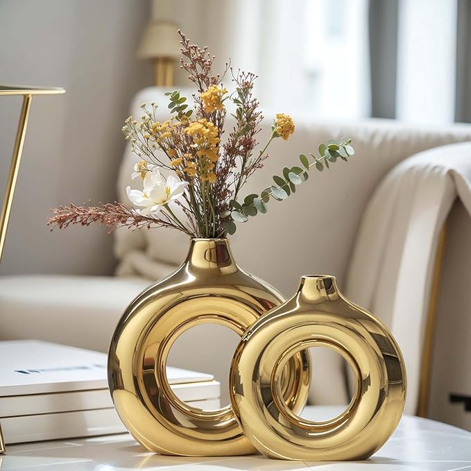 Glossy Gold Ceramic Vase Set of 2,Round Donut Hollow Flower Vases for Home Decor Accents,Modern Minimalist Centerpiece Table Decorations,Wedding,Living Room,Bookshelf,Office,Entryway