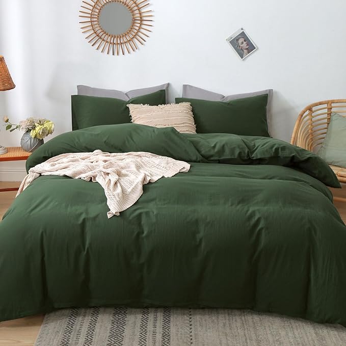 MooMee Bedding Duvet Cover Set 100% Washed Cotton Linen Like Textured Breathable Durable Soft Comfy (Solid Forest Green, Super King 108"x98")