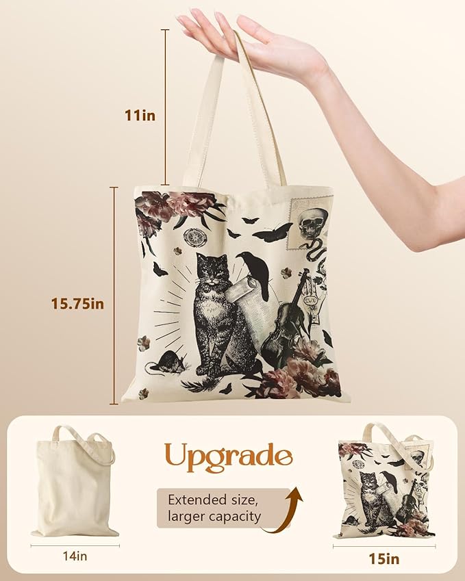 Canvas Tote Bag for Women – Aesthetic Canvas Bag with Zipper Cute Stylish Reusable Shoulder Totes for Shopping Work Daily Vacation, Crow Cat