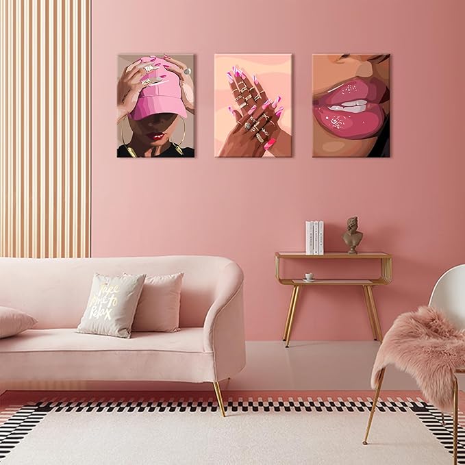Black Girl Wall Art Set of 3 - Pink African American Woman Canvas Wall Decor Pictures, Fashion Black Woman Paintings Prints for Living Room Bedroom Bathroom Dorm 16x24 inch Framed