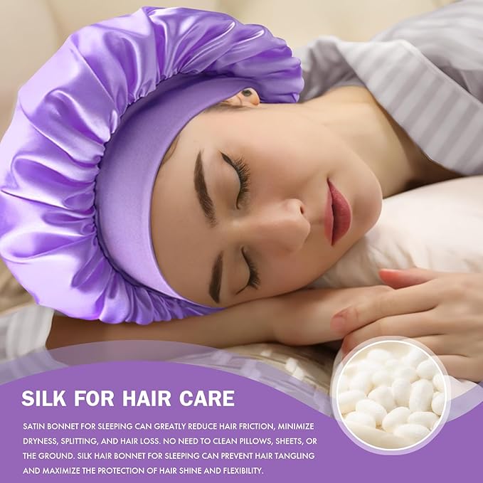 Satin Silk Bonnet for Sleeping, Double Layer Silk Sleep Cap for Men & Women, Soft Satin Lined Bonnet for Natural & Curly Hair(Purple)