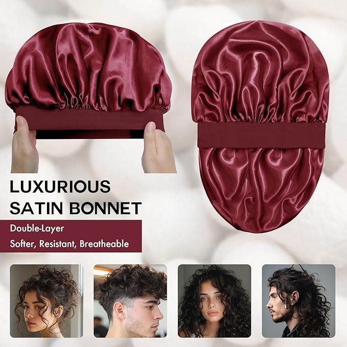 Satin Silk Bonnet for Sleeping, Double Layer Silk Sleep Cap for Men & Women, Soft Satin Lined Bonnet for Natural & Curly Hair(Red)