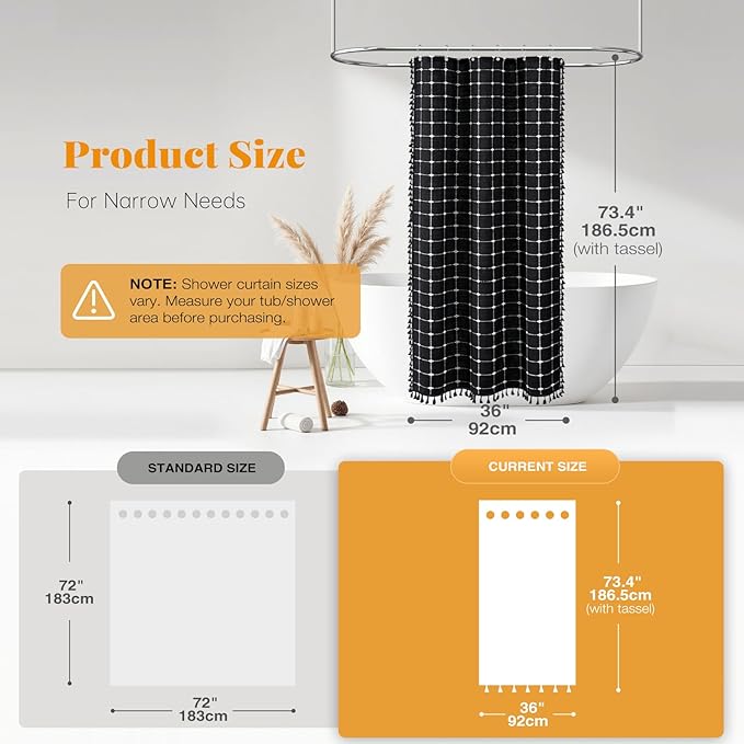 BTTN Boho Shower Stall Curtain - 36x72 Narrow Linen Ultra Thick Tassel Fabric Cloth Shower Curtain Set with 6 Plastic Hook, Small Modern Farmhouse Country Shower Curtains for Bathroom, Black and White