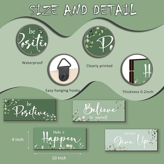 4 Pcs Green Office Decor For Women Motivational Wall Decor Inspirational Green Office Wall Decor With Positive Sayings Wooden Hangings for Home Bathroom Bedroom Kitchen(10x4")