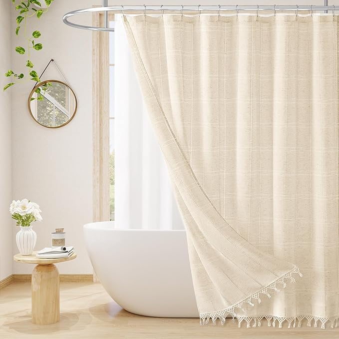 Extra Long Boho Farmhouse Shower Curtain with Tassel, Modern Bohemian French Country Chic Bathroom Shower Curtain Set with PEVA Liner, Linen Fabric Shower Curtain 72x84 - Beige/Cream