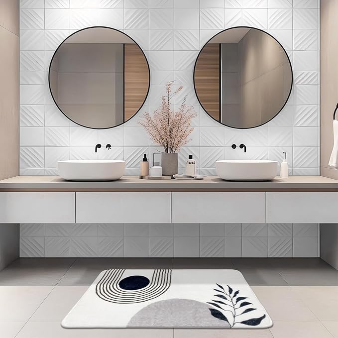 20"X30" Boho Bath Rugs for Bathroom Decor Non-Slip Bath Mat Absorbent Plush Microfiber Soft Carpet Machine Washable Bath Mat for Bathrooms,Showers,Laundry Rooms,White and Black